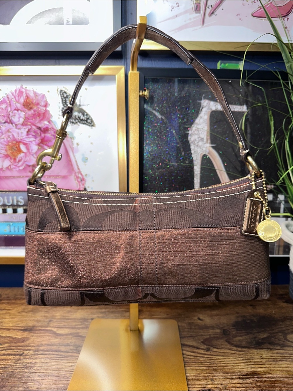 Coach Signature Jacquard Mini Shoulder Bag Brown Bronze Metallic Trim Y2K
